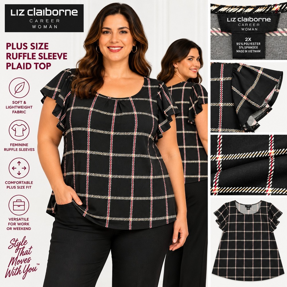 Liz Claiborne Women's 2X Black Prin Plaid Blouse Flutter Sleeve Stretch Top